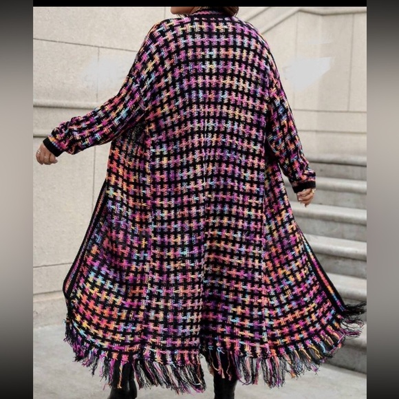 Luxe Plus Size Long Plaid Color Fringed Hem Knit Cardigan Duster Sweater - Picture 1 of 7